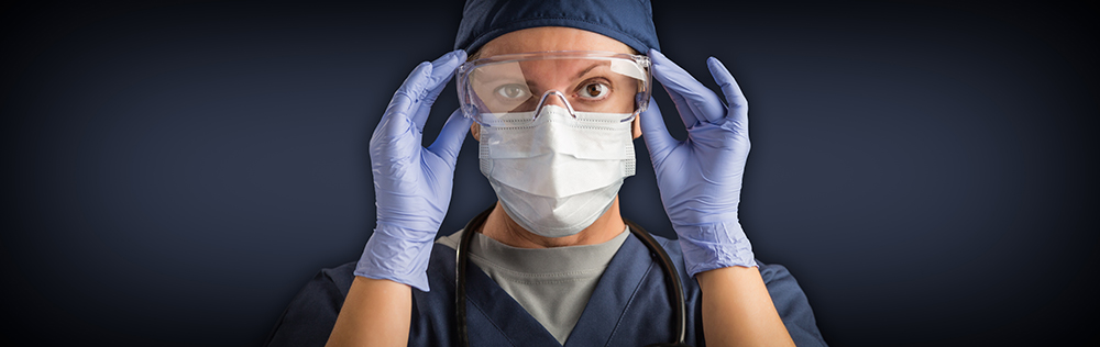 Banner of Female Doctor or Nurse In Medical Face Mask and Protective Gear.