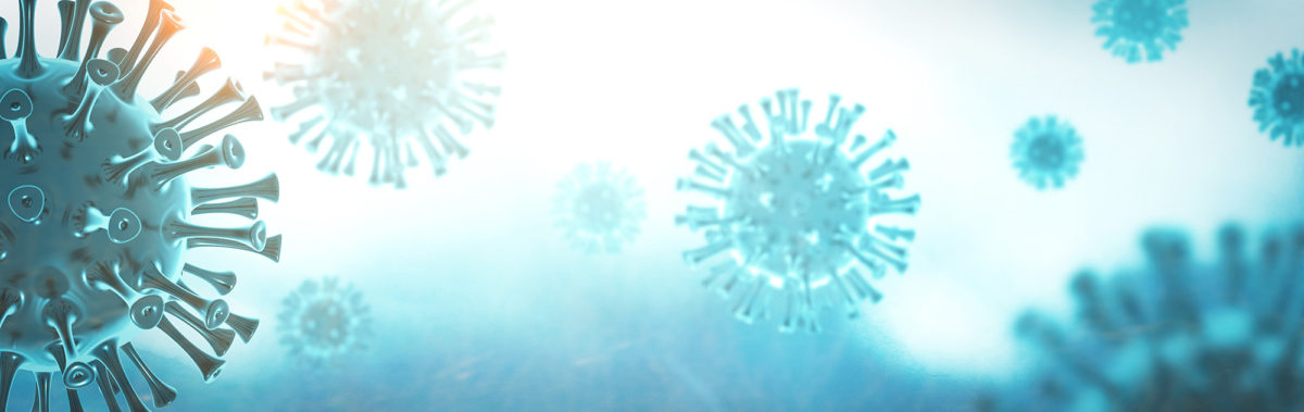 Coronavirus 3D render, COVID-19 pandemic. Web banner background image with copy space